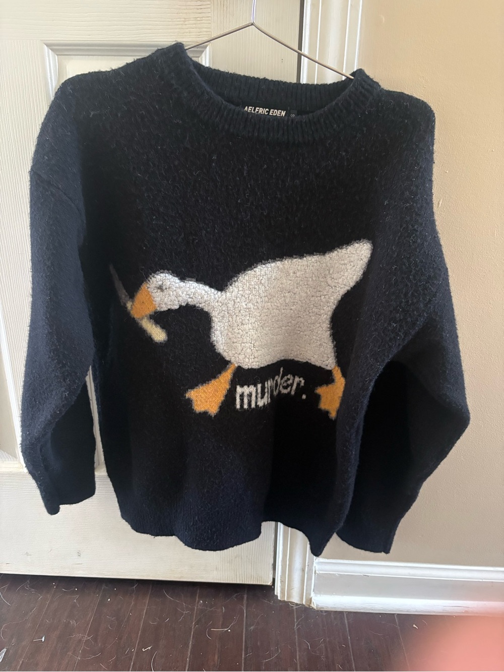 Aelfric Eden Black Crewneck Sweater with White Goose and Yellow Accents small